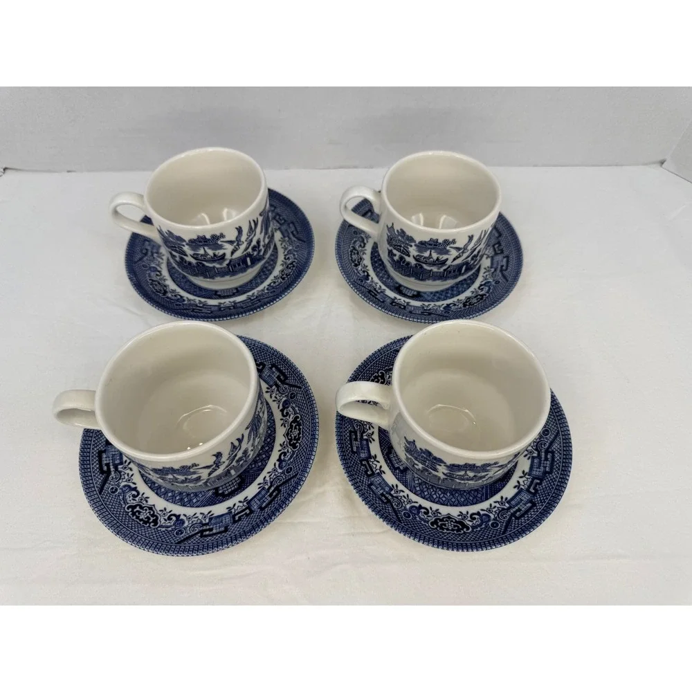 Churchill Blue Willow Tea Cups and‎ Saucers Set of 4 Made in England Blue White